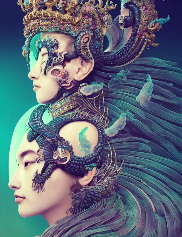 Image similar to 3 d goddess close - up profile portrait with crown, ram skull. beautiful intricately detailed japanese crow kitsune mask and clasical japanese kimono. betta fish, jellyfish phoenix, bio luminescent, plasma, ice, water, wind, creature, artwork by tooth wu and wlop and beeple and greg rutkowski