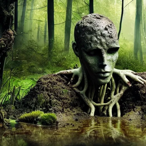 Prompt: Enigmatic Slender Man with Mud and Moss over his skin and plants growing on him is kneeling in a dirty pond, Photorealistic, Sunlight, Photograph, National Geographic, Hyperdetailed