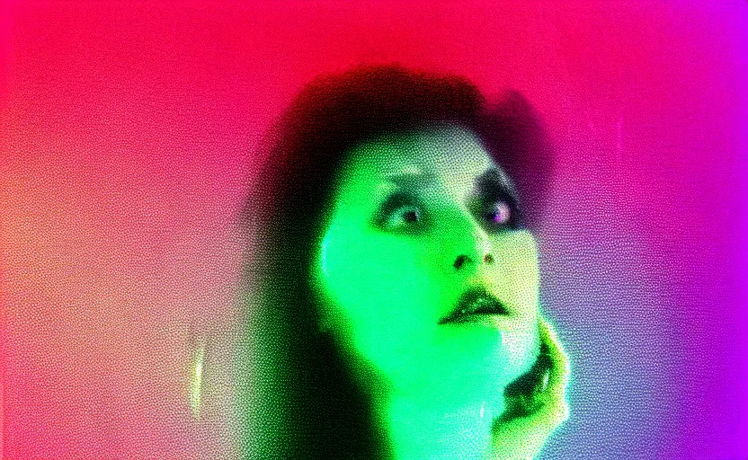Prompt: vhs glitch art portrait of a happy woman hidden underneath a sheet, foggy environment, static colorful noise glitch volumetric light, by bekinski, unsettling moody vibe, vcr tape, 1 9 8 0 s analog video, vaporwave aesthetic, directed by david lynch, colorful static, datamosh, pixeled stretching