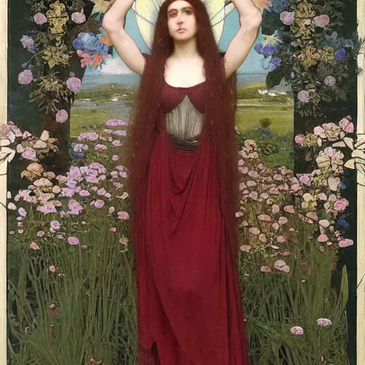 Prompt: Symmetric Pre-Raphaelite painting of a beautiful woman with dark hair and intense white eyes without pupils in a transparent silk dark red dress, surrounded by a halo frame of flowers and a highly detailed mathematical drawings of neural networks and geometry by Doré and Mucha, by John William Waterhouse, Pre-Raphaelite painting