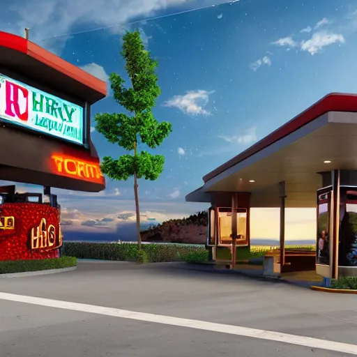 Prompt: 22nd century drive-thru restaurant, realistic photograph, bright and colorful, high resolution, highly detailed, ultra realistic, 8k