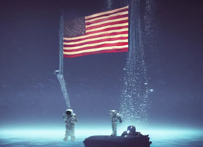 Image similar to dark claustrophobic underwater photo of an astronaut underwater putting a flag on the bottom of the ocean. in the background, a submarine is visible. dark, concept art, cinematic, dramatic, blender, photorealistic, octane render, 8 k, volumetric lighting, trending on artstation