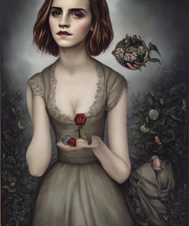 Image similar to portrait of Emma Watson, lowbrow painting by Mark Ryden