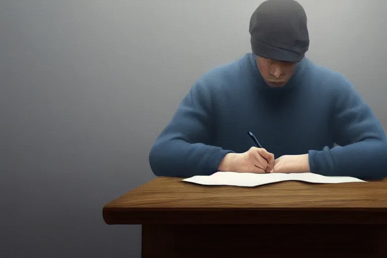 Prompt: a painting of a lonely man writing in a large leather notebook in a foggy room by jama jurabaev, cinematic shot, trending on artstation, high quality, ultra realistic, blue color theme