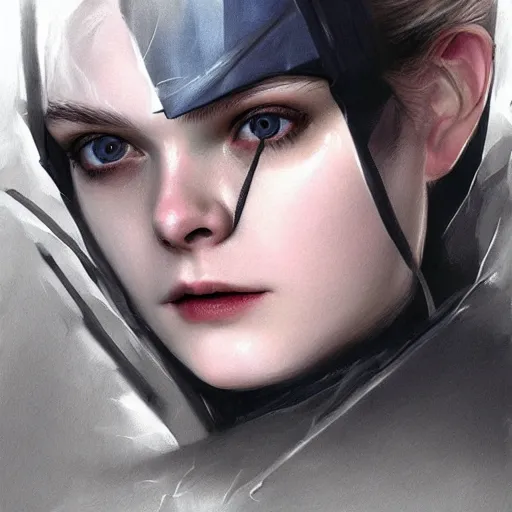 Image similar to elle fanning as a vampire in metal gear solid and death stranding, heavy rain, wind, thunder, reflections, deep focus, d & d, fantasy, intricate, elegant, highly detailed, digital painting, artstation, concept art, matte, sharp focus, illustration, hearthstone, art by artgerm and greg rutkowski and alphonse mucha