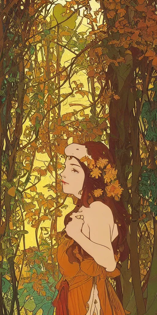 Image similar to a beautiful illustration of a beautiful lady in the forest, autumn, golden hour, alphonse mucha, moebius, cinematic