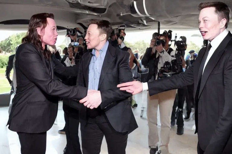 Image similar to michael jackson!!! shaking hands with elon musk!!!