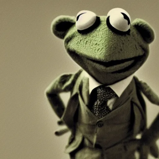 Image similar to a sepia photograph of kermit the frog in a suit