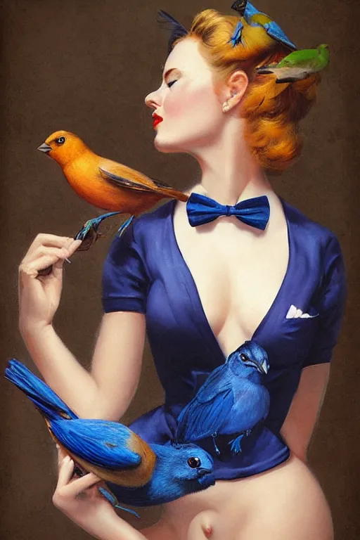 Image similar to hyper realistic painting, tasteful pinup girl holding an indigo bunting, bird, the bird is wearing a bowtie, by greg rutkowski, rossdraws, gil elvgren, enoch bolles, anime, porcelain skin, very coherent