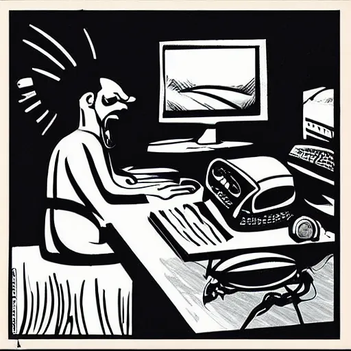 Prompt: “A room with video equipment. Man sitting in front of computer. Eplosion on the computer screen. Dynamic expressionist style. Soviet propaganda poster in the style of Dmitry Moor”