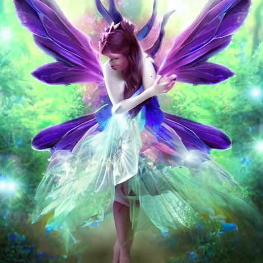 Image similar to evil fairy princess with galaxy wings residing in a deep dark forest grove, beautiful colorful pretty artistic 4 k artstation trending dynamic dramatic lighting realistic floral garden blooming flowers high contrast light and dark magnificent