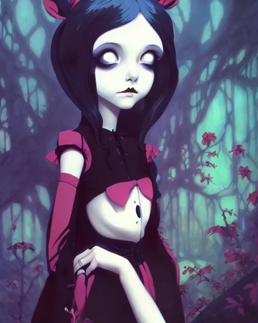 Image similar to portrait of cute goth alice from wonderland, anime key visual, by peter mohrbacher and ilya kuvshinov and wlop and makoto shinkai and studio ghibli