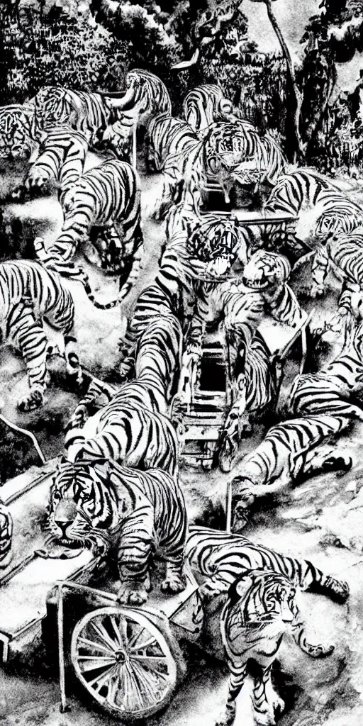 Image similar to man riding a chariot car being pulled by tigers drawn by Junji Ito.