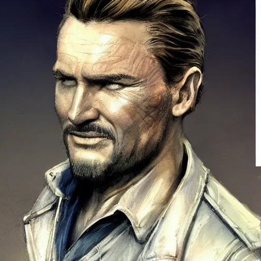 Image similar to a highly detailed epic cinematic concept art CG render digital painting artwork costume design: Errol Flynn as a 1950s sly army mechanic engineer with a thick stubble. By Greg Rutkowski, Ilya Kuvshinov, WLOP, Stanley Artgerm Lau, Ruan Jia and Fenghua Zhong, trending on ArtStation, subtle muted cinematic colors, made in Maya, Blender and Photoshop, octane render, excellent composition, cinematic atmosphere, dynamic dramatic cinematic lighting, aesthetic, very inspirational, arthouse