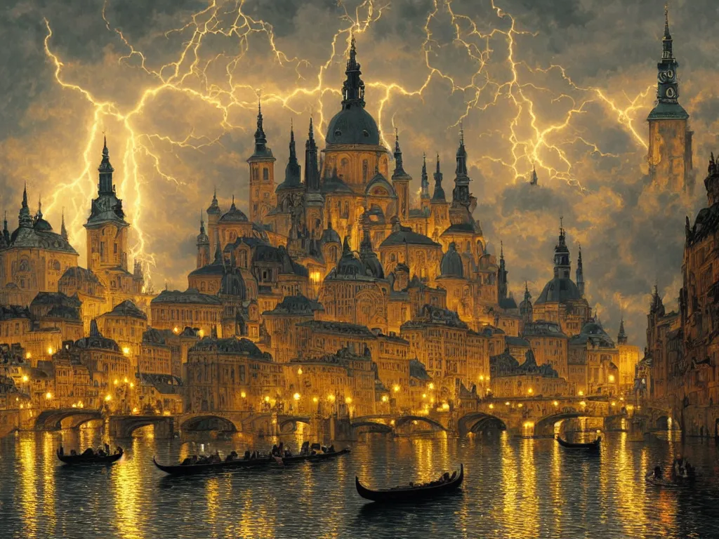 Image similar to a view from the river a city resembling prague, paris, and venice at night with a sky full of lightning, intricate, elegant, highly detailed, digital painting, artstation, concept art, smooth, sharp focus, colored illustration for tattoo, art by thomas kincade, krenz cushart and artem demura and alphonse mucha,