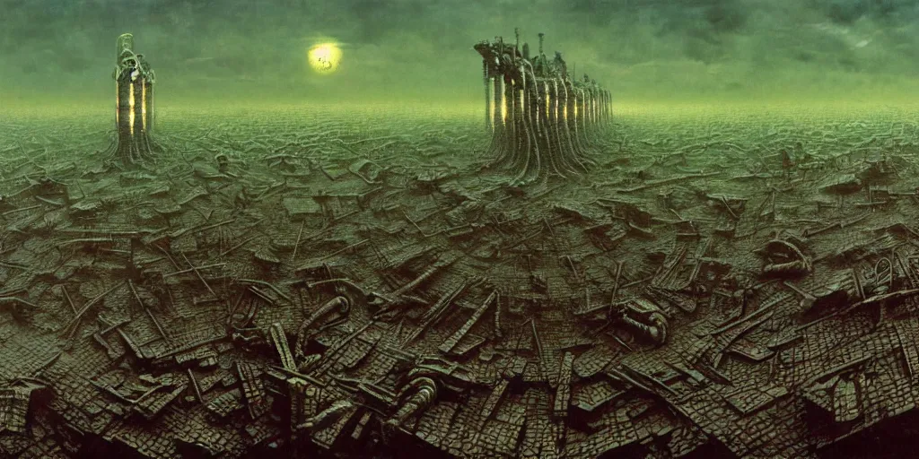 Image similar to the terrible fate of the world after nuclear war, ruined cities, ai robot tendril remnants, biomachine war against humanity, beksinski, giger, ambient art wallpaper popular on artstation