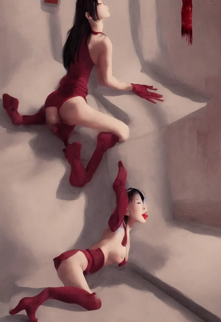 Image similar to gorgeous famous asian japanese girl dropping the shadow of her desires on the wall of empty house, melting merging bodies, beds of escape of loneliness, burgundy and maroon oil dripping, stockings, a light shining from a window creating dreams, style of James Jean, Edward Hopper, Francis Bacon, colors of Mark Rothko, Frank Auerbach, trending on artstation, Greg Rutkowski, dark atmosphere