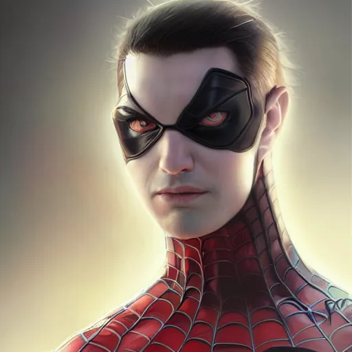 Image similar to characters portrait of Neo mixed with Spiderman by ArtGerm and Tom Bagshaw, merged character, 4k, highly detailed, cinematic lighting