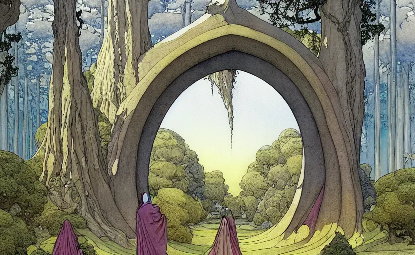 Prompt: a hyperrealist watercolour concept art of a dimensional time portal in the shape of an arch of trees. a medieval monk in grey robes is in the foreground. by rebecca guay, michael kaluta, charles vess and jean moebius giraud. high detail, hq, wide shot, 4 k