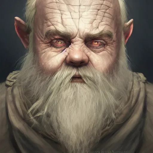 Image similar to a detailed matte head - on portrait painting of a sweet ugly old hobbit man, with a large scar and missing teeth portrait by charlie bowater, lise deharme, wlop, tending on arstation, dungeons and dragon, dnd, pathfinder, fanart, oil on canvas