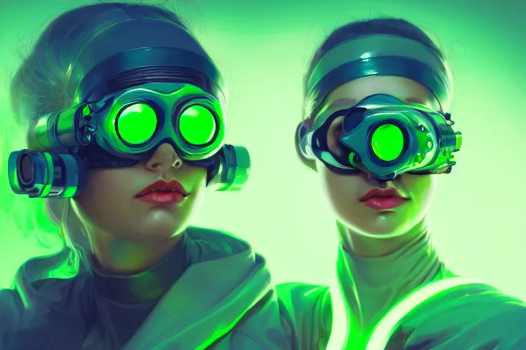 Image similar to a female scientist wearing futuristic goggles, experimenting on green glowy goo, cinematic lighting, peter mohrbacher, wlop, trending on artstation