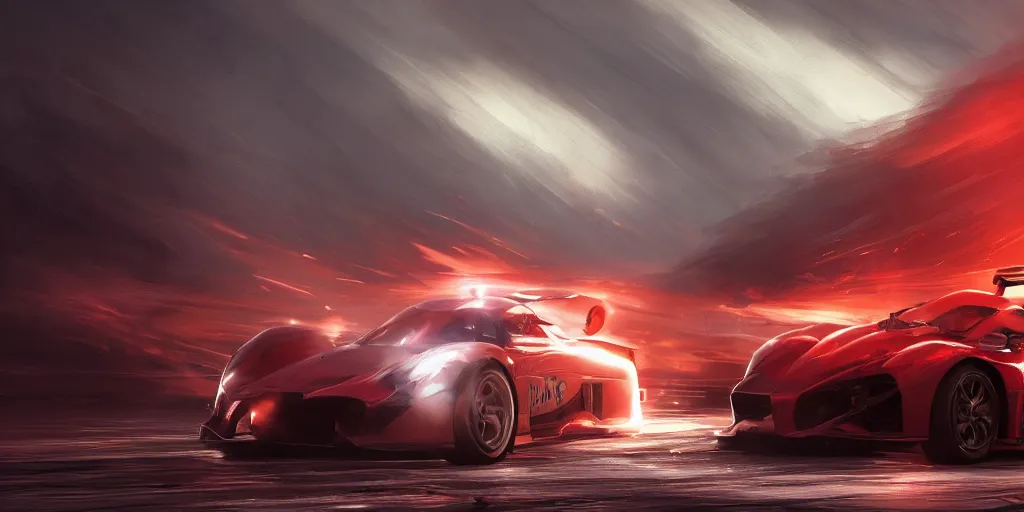 Image similar to Racing car red trail behind it, cinematic shot, epic, volumetric lighting, made by Stanley Artgerm Lau, WLOP, Rossdraws, ArtStation, CGSociety, concept art, cgsociety, octane render, trending on artstation, artstationHD, artstationHQ, unreal engine, 4k, 8k,