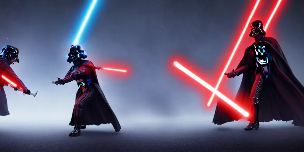 Image similar to a still of Darth Vader fighting with Darth Maul, fog, bokeh, light sabers, red glowing. 8K. detailed. photorealism. ultra realistic