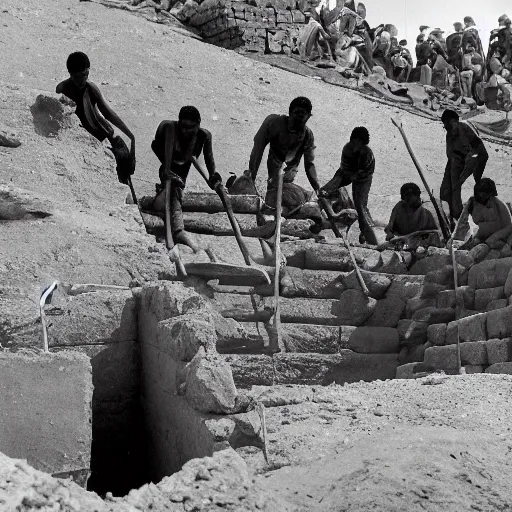 Image similar to a wide angle photograph of people building an egyptian pyramid in 3 0 0 0 bc. traditional tools being used. ancient building techniques on display. beautiful morning lighting. the photo shows the pyramid partially complete. large stones are also present, being moved into position by many workers. workers are wearing traditional clothes for the time