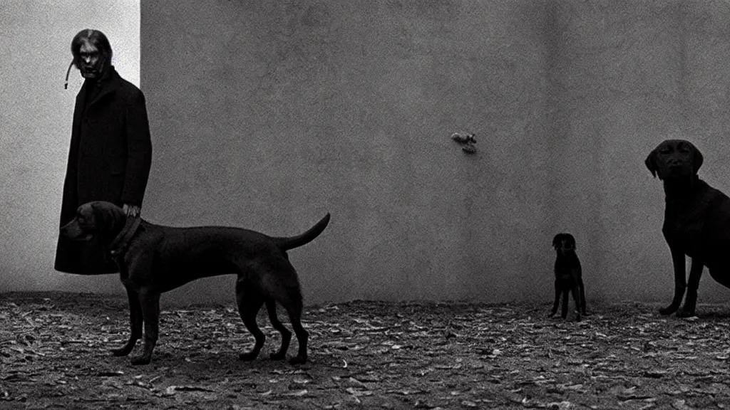Prompt: the dog who waits outside, film still from the movie directed by denis villeneuve and david cronenberg with art direction by salvador dali and zdzisław beksinski, wide lens