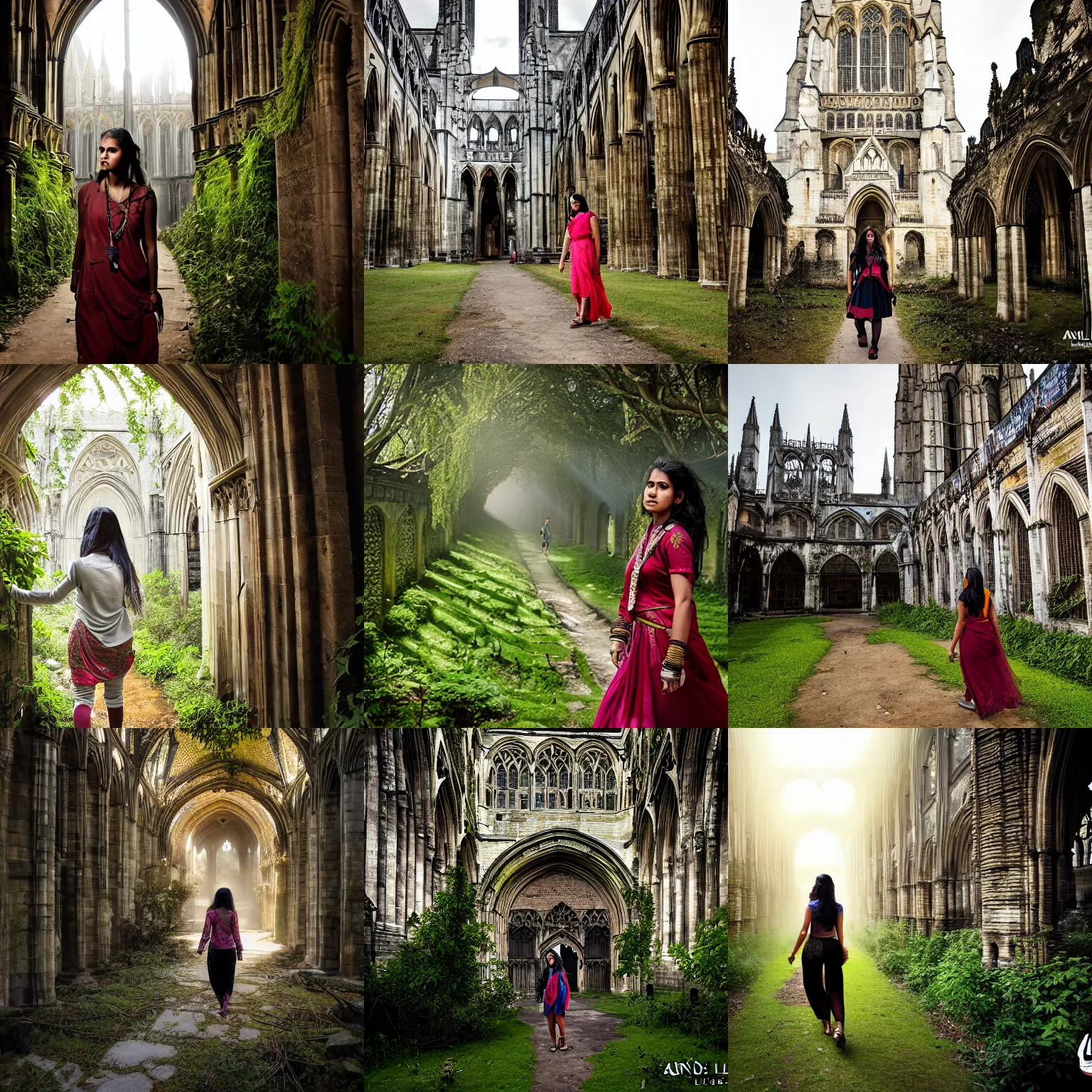 Prompt: Young Indian woman urban explorer walks through the overgrown ruins of Canterbury Cathedral, dramatic lighting, HDR, candid portrait photography by Annie Leibovitz