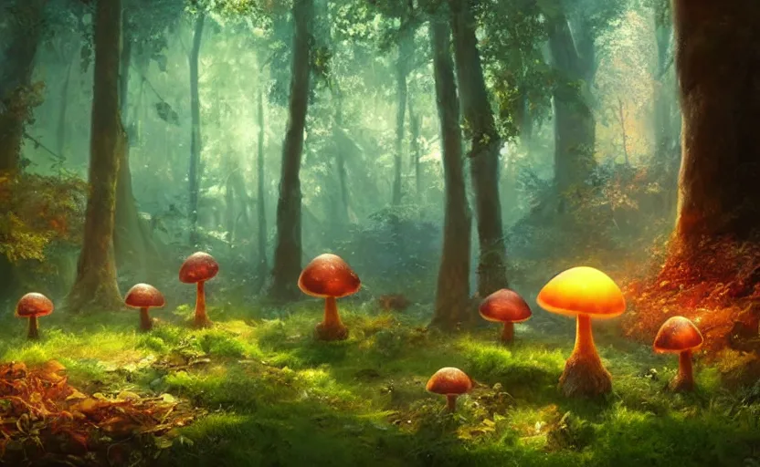 Image similar to a glowing mushroom in a magical forest, painting by craig mullins, octane rendering, soft morning lighting, wide angle lens, in the style of hayao miyazaki, trending on artstation,