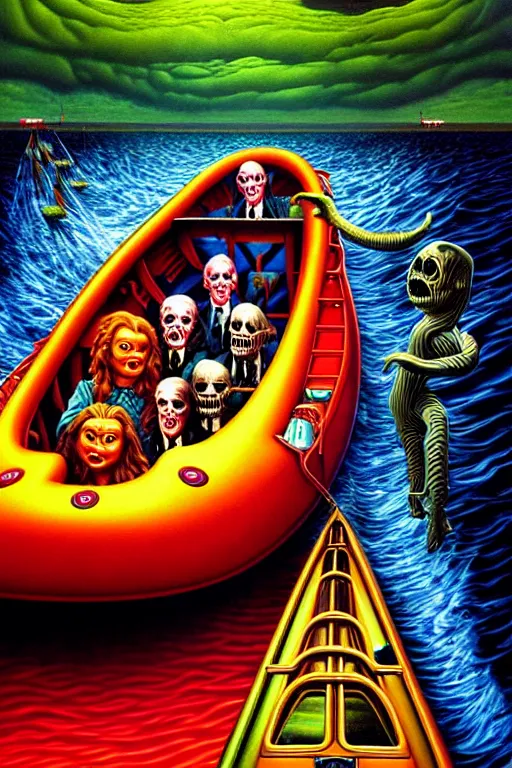 Image similar to a hyperrealistic painting of willy wonkas scary boat ride, cinematic horror by jimmy alonzo, the art of skinner, chris cunningham, lisa frank, richard corben, highly detailed, vivid color,