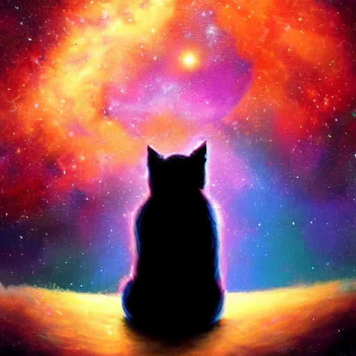 Prompt: back of a fluffy orange cat sitting and looking into space, nebula, galaxy, stars, colorful, vibrant, rich colors, 8 k, illustration, painting, artstation