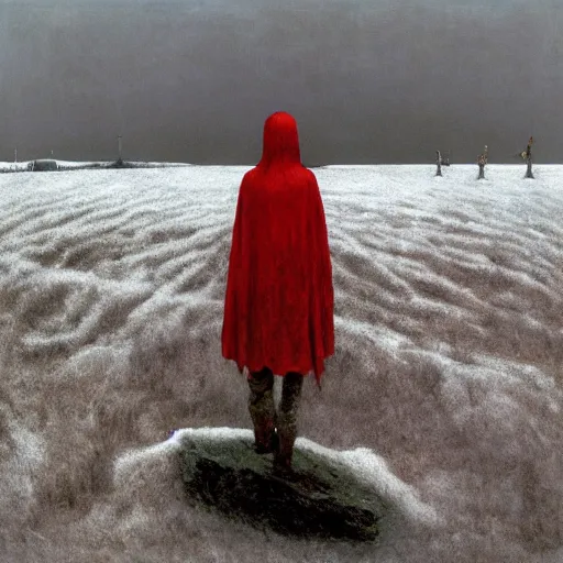 Prompt: a woman covered in white ash with red hair, standing on a post apocalyptic snow fiels with shadows of former civilzations, painted by beksinski