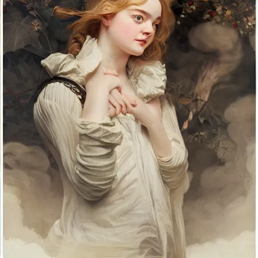 Image similar to Elle Fanning looking into the fire, artstation, by J. C. Leyendecker and Peter Paul Rubens, Extremely detailed. 4K. Award winning.