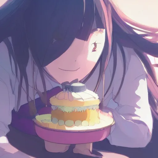 Image similar to a very fat hippo eating cake, illustration concept art anime key visual trending pixiv fanbox by wlop and greg rutkowski and makoto shinkai and studio ghibli and kyoto animation symmetrical facial features