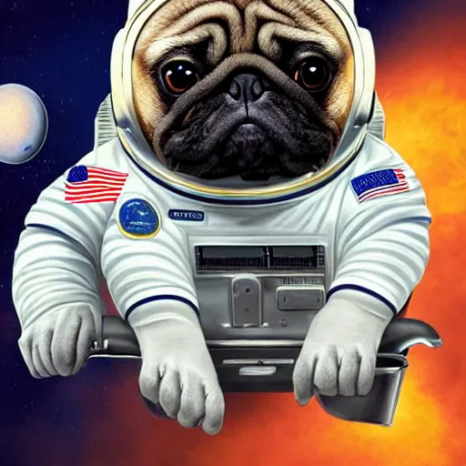 Image similar to hyper realistic, highly detailed, astronaut pug in space.