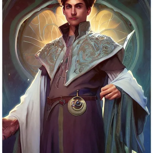 Prompt: a photorealistic male wizard teenager wearing wizard outfit, sharp focus, illustration, art by artgerm and greg rutkowski and alphonse mucha
