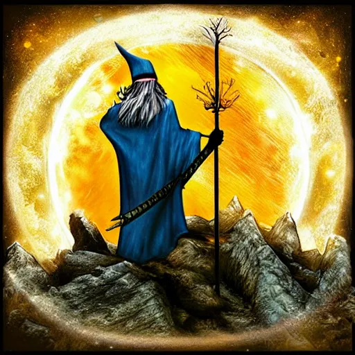 Prompt: Album Cover of wizard on a mountaintop holding a magical staff, 80’s, metal, airbrush art, High Quality, Fantasy