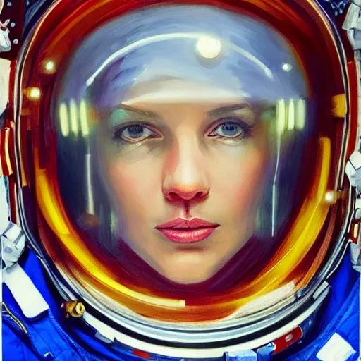 Image similar to a portrait of an intensely lit female astronaut in space station, red, oil painting, pale colors, high detail, 8 k, wide angle, trending on artstation,