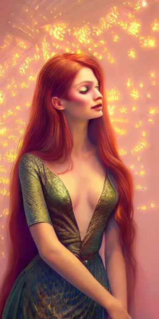 Image similar to young woman surrounded by golden firefly lights in a mesmerizing scene, amidst nature fully covered by a intricate detailed dress, long loose red hair, precise linework, accurate green eyes, small nose with freckles, smooth oval shape face, empathic, bright smile, expressive emotions, hyper realistic ultrafine art by artemisia gentileschi, jessica rossier, boris vallejo