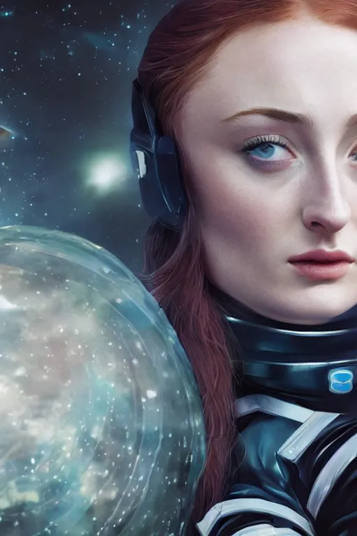 Prompt: Sophie Turner as a Space commander, detailed face