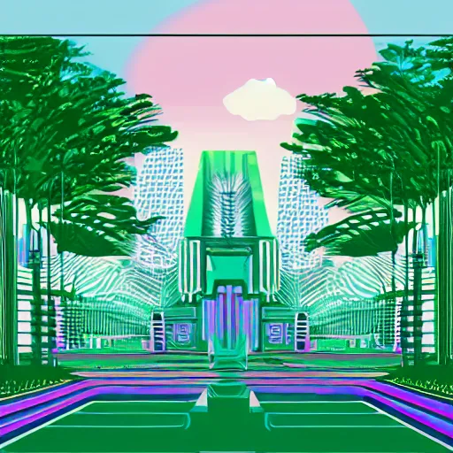 Prompt: art deco vaporwave illustration of a green park in a futuristic pastel city