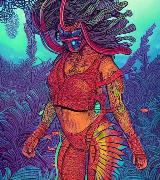 Prompt: a cyberpunk Polynesian fish woman swims through a vibrant dark alien coral reef, Industrial Scifi, detailed illustration, character portrait, by Martin Grip and Moebius