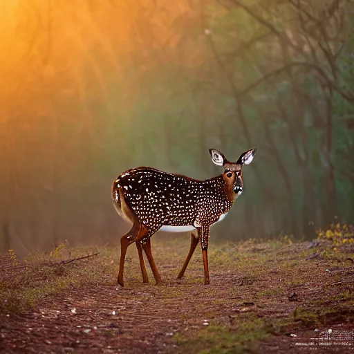 Image similar to a beautiful spotted deer in the woods lit by the morning sky, sunrise, chital, photorealistic, by annie leibovitz and steve mccurry, natural light, canon eos c 3 0 0, ƒ 1. 8, 3 5 mm, 8 k, medium - format print