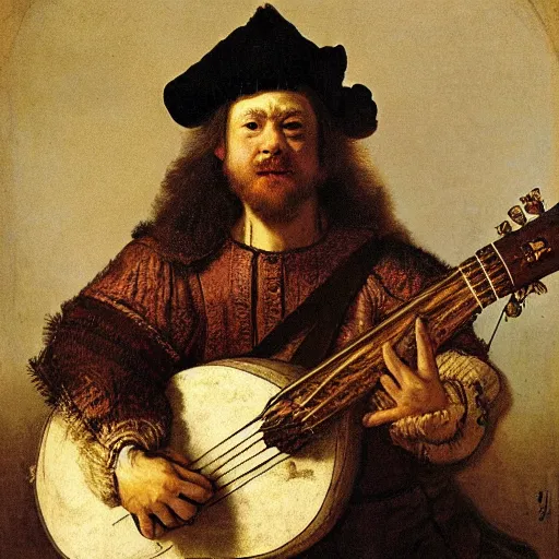 Prompt: a portrait of a wolf bard playing a lute by rembrandt