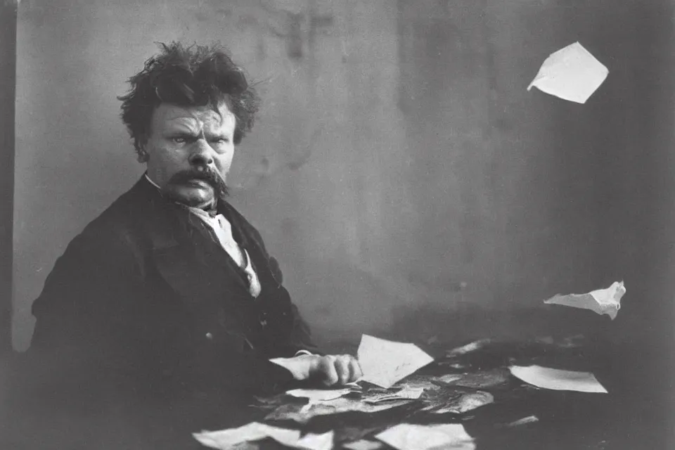 Prompt: wet plate photograph, august strindberg angry shouting and throwing papers and banging his fist on a secretary desk in a small messy viennese apartment, night time, alone, lamplight, victorian era, depth of field, very detailed, cigarette smoke, highly accurate, intricate