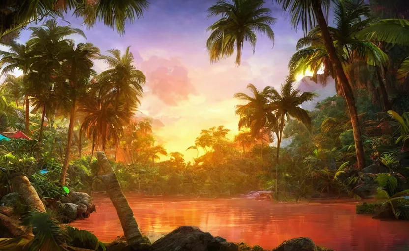 Image similar to a tropical resort in a jungle paradise, with a beautiful red and blue sunset, dynamic lighting, photorealistic fantasy concept art, trending on art station, stunning visuals, creative, cinematic, ultra detailed, ray tracing, sun rays, native tribes, wonderous waters, amazing detail