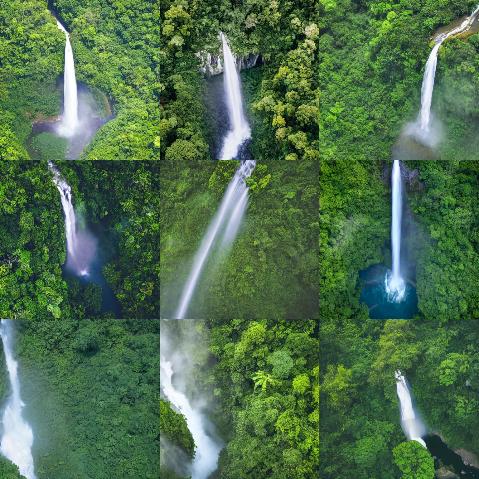 Prompt: arial photo of waterfall from a skyscraper in jungle