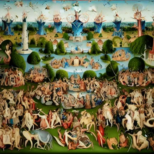 Image similar to a photorealistic version by martin parr of a bosch garden of earthly delights